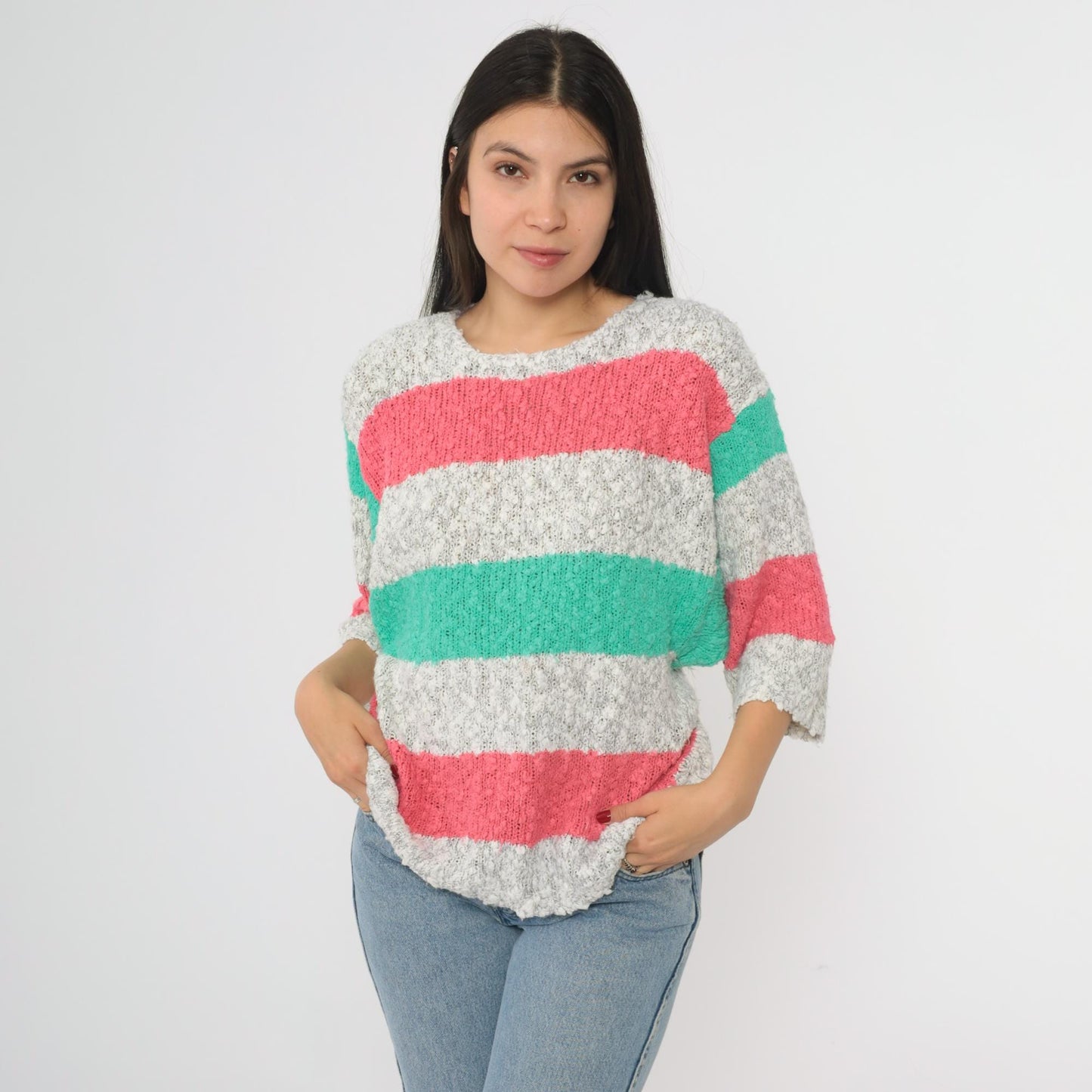 80s Striped Knit Sweater Pink Green Gray Crew Neck Short Sleeve Medium M