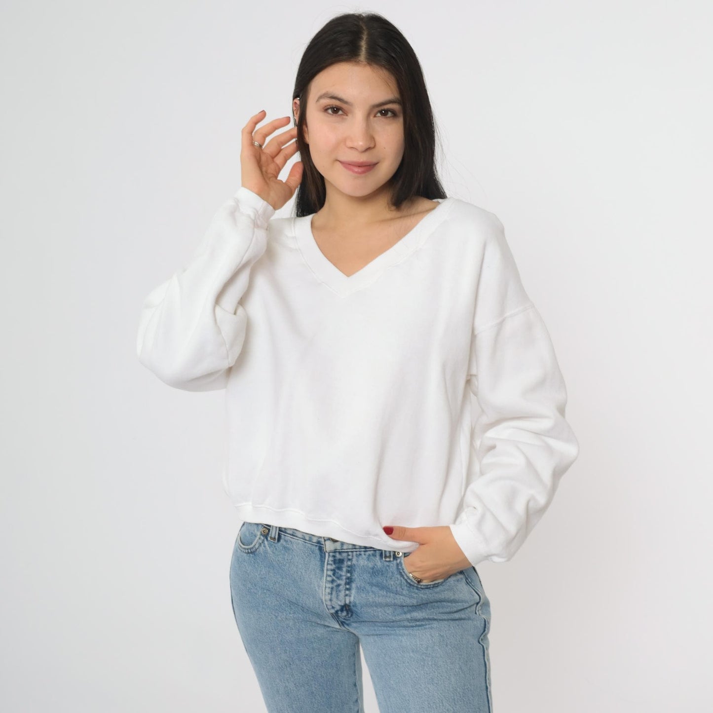 90s White V-Neck Sweatshirt Cotton Drop Shoulder Pullover One Size