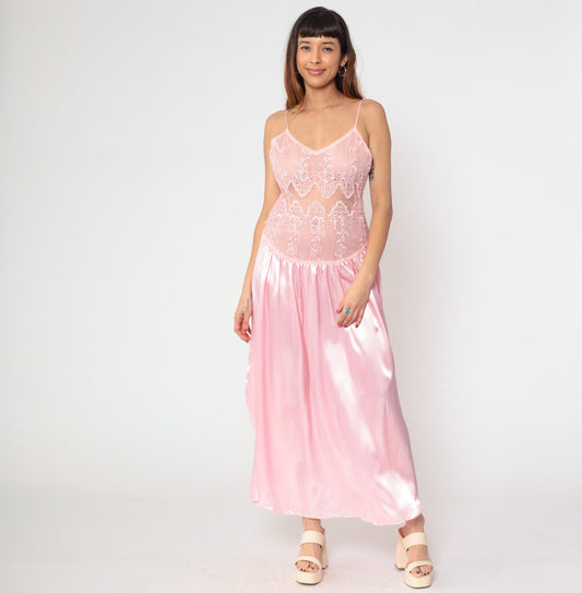 90s Gilligan O'Malley Pink Satin Slip Dress Maxi Lace Bodice Medium M
