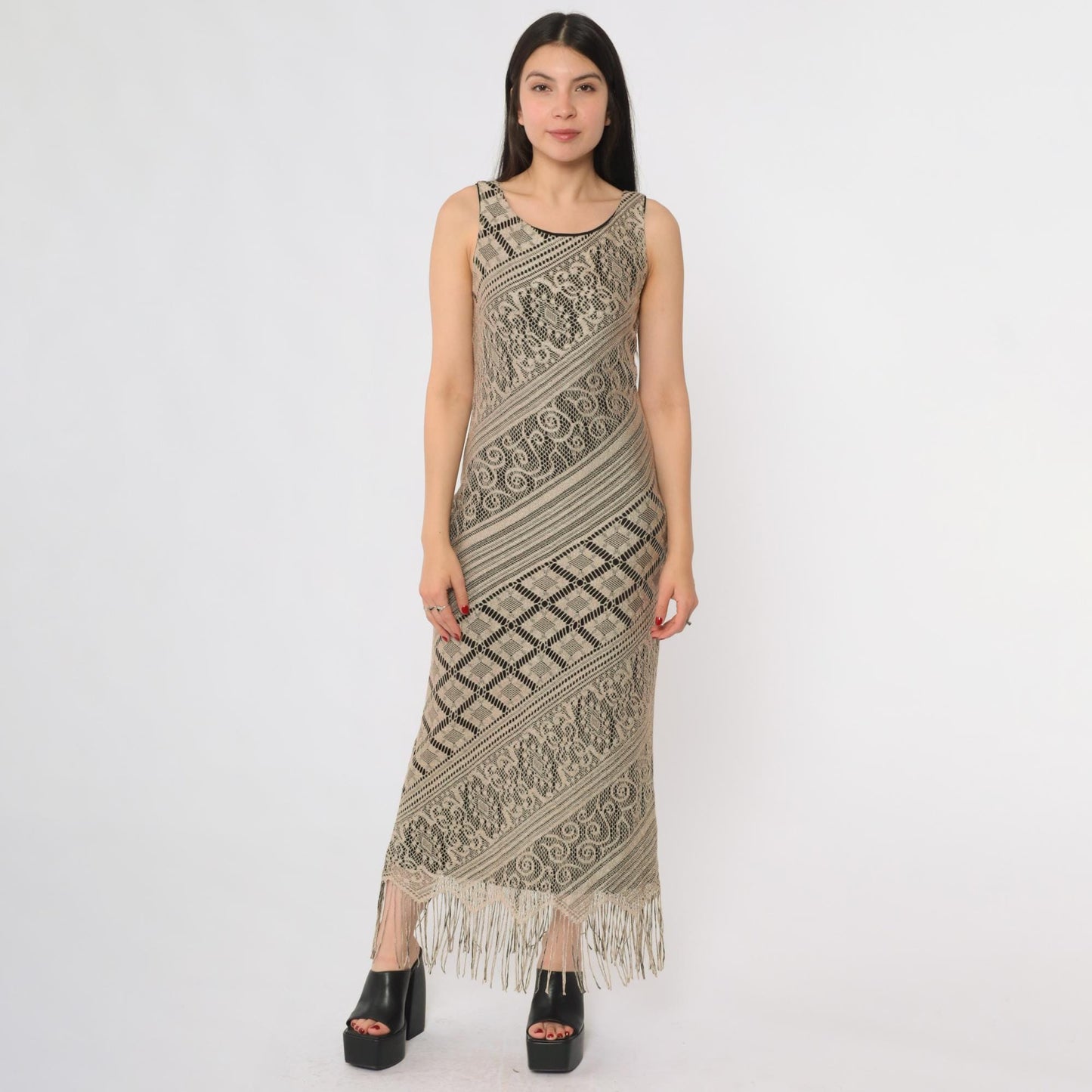 Y2K Crochet Lace Midi Dress Taupe Geometric Fringe Bodycon Small