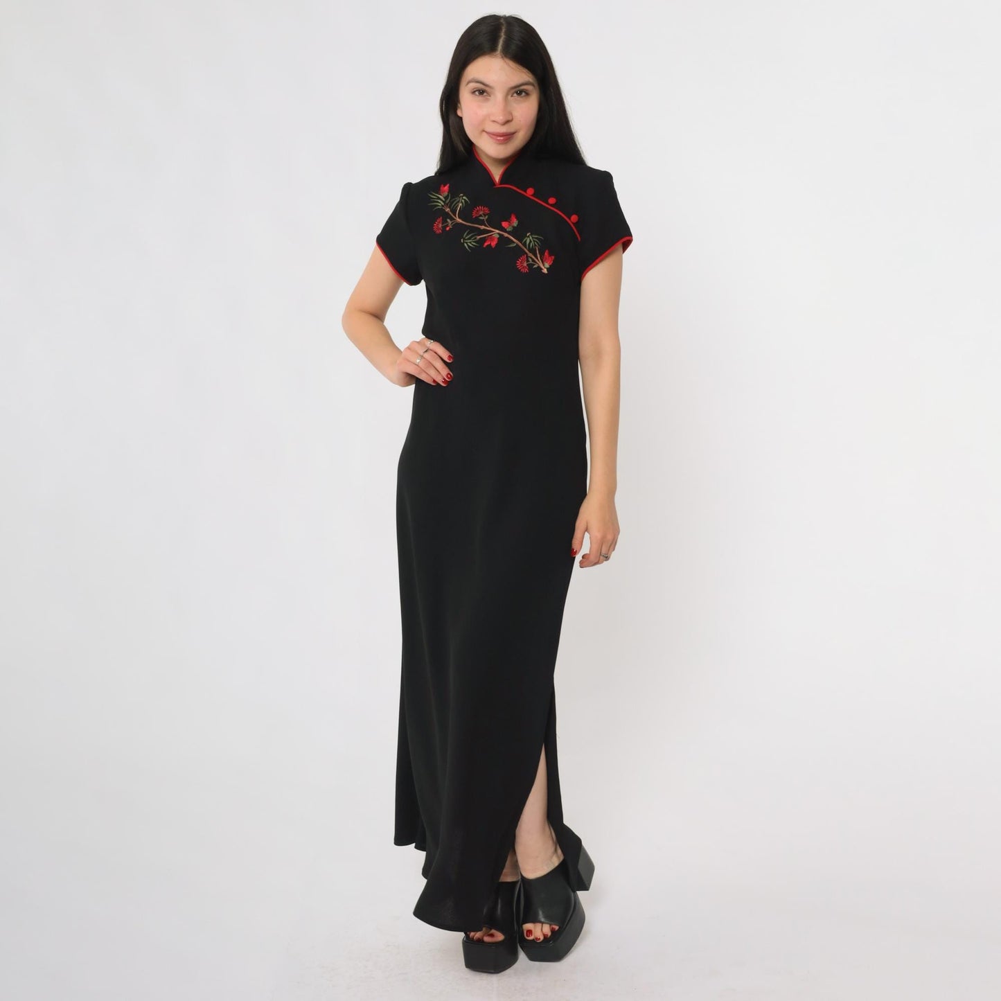 90s S.L. Fashions Black Cheongsam Maxi Dress Mandarin Collar Red Piping Medium