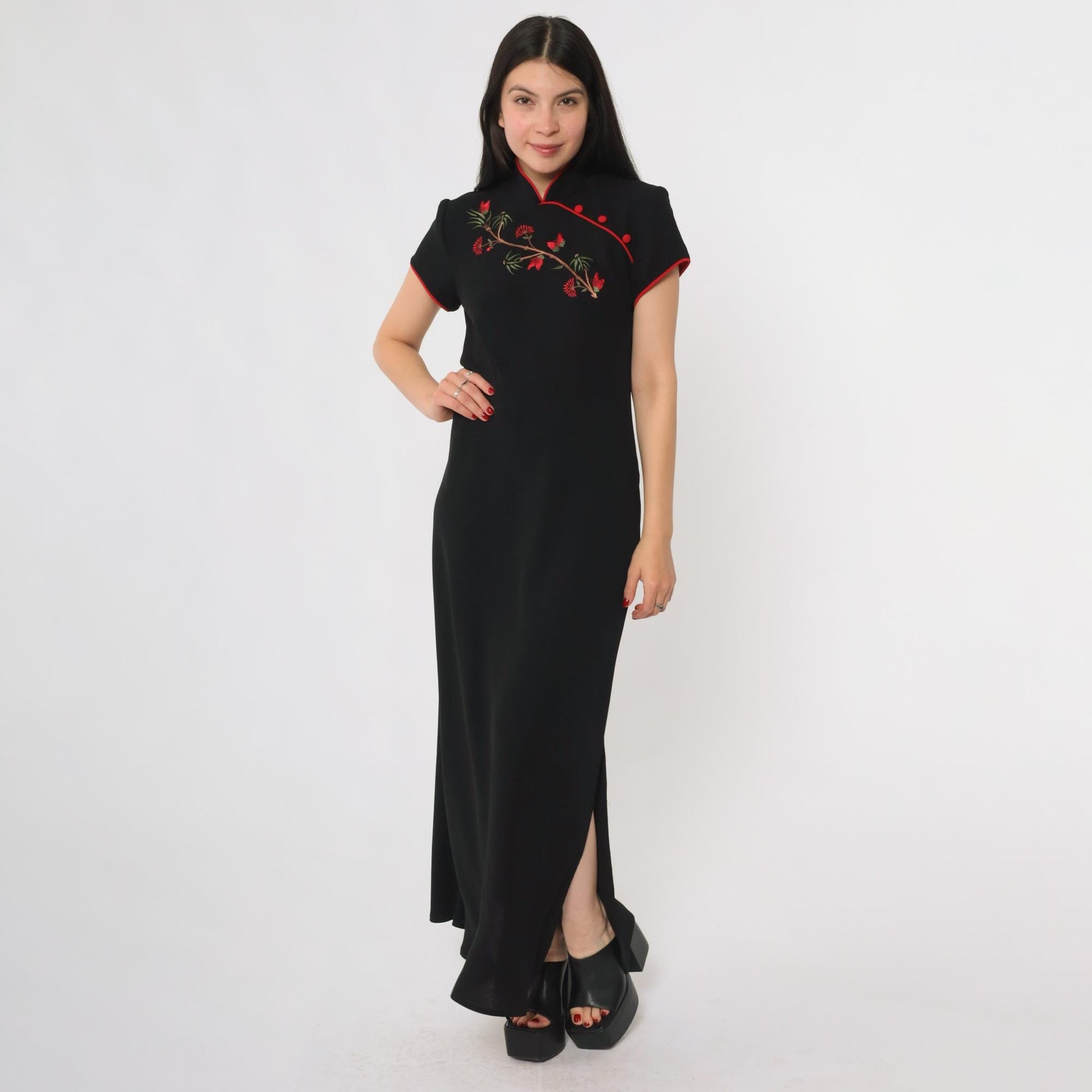 90s S.L. Fashions Black Cheongsam Maxi Dress Mandarin Collar Red Piping Medium