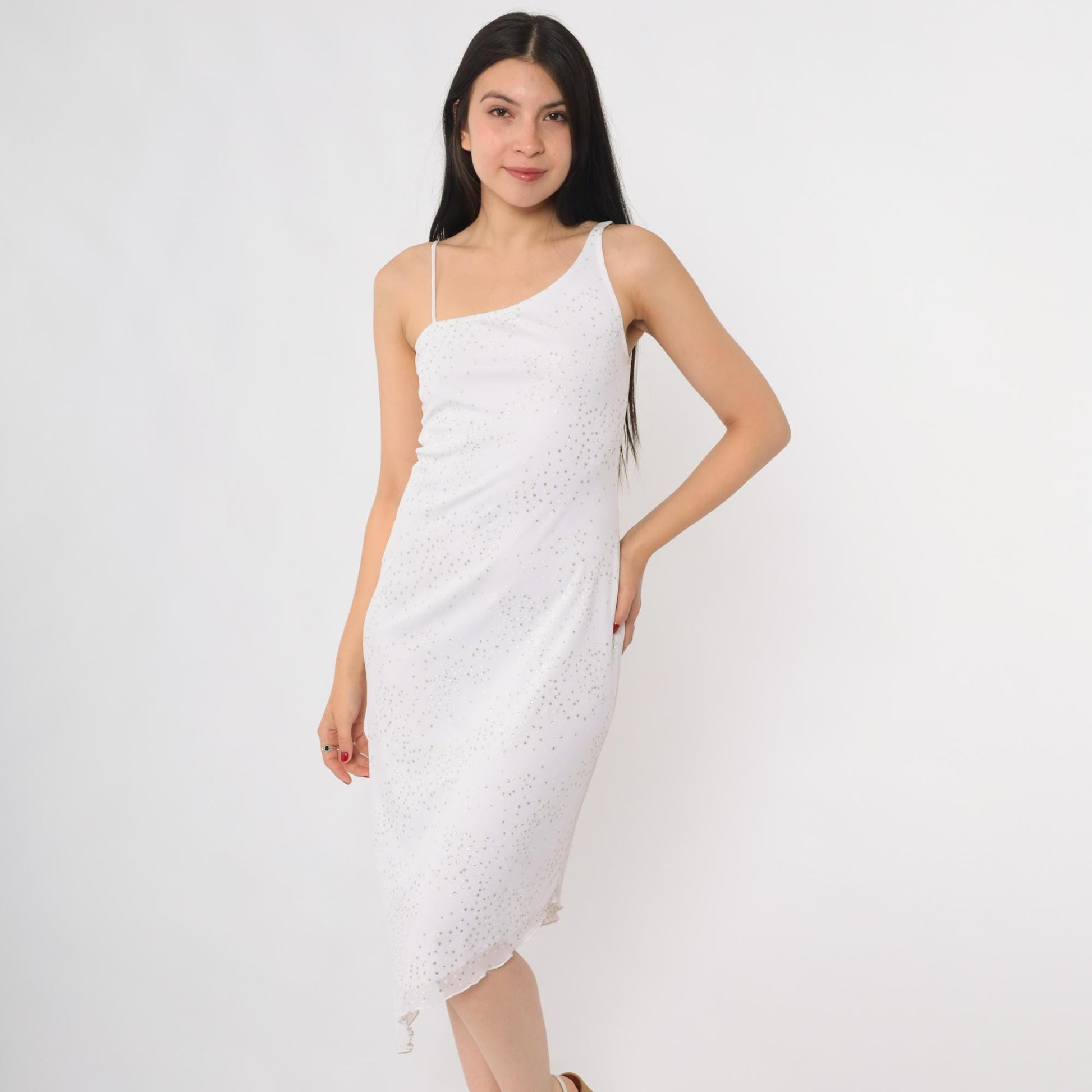 Y2K White Sequin One-Shoulder Slip Dress Midi Silver Bodycon Medium M