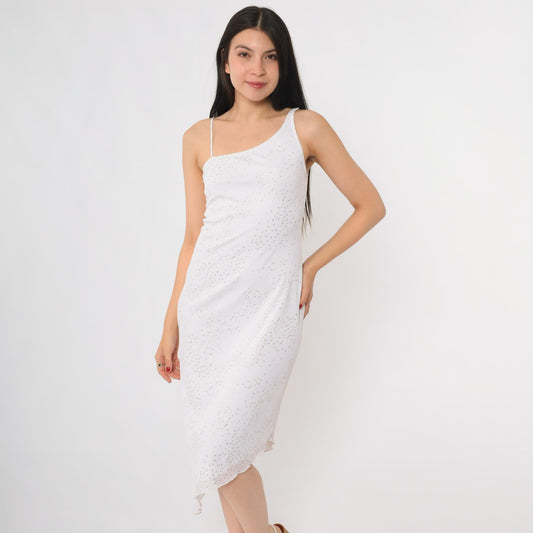 Y2K White Sequin One-Shoulder Slip Dress Midi Silver Bodycon Medium M
