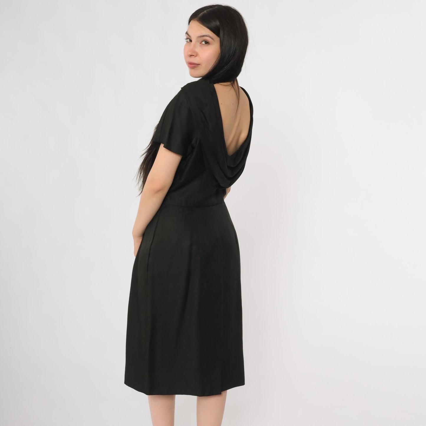 60s Suzy Perette Black Cowl Neck Midi Dress Open Back Large L