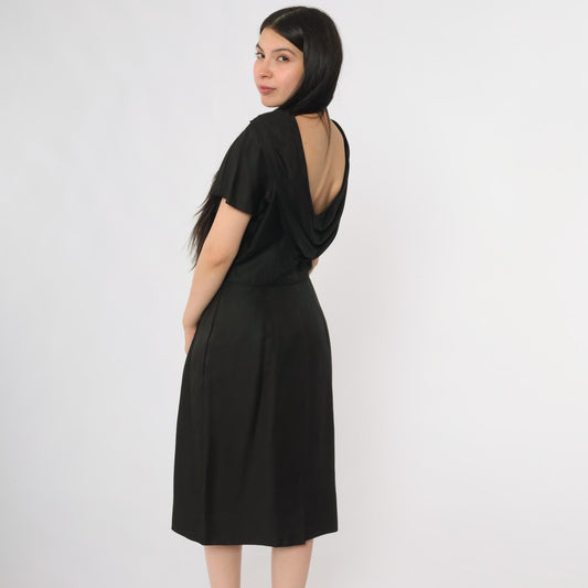60s Suzy Perette Black Cowl Neck Midi Dress Open Back Large L