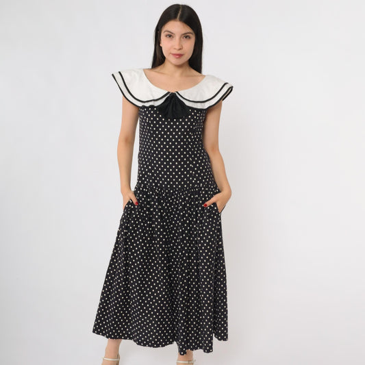 80s Lanz Originals Black White Polka Dot Midi Dress Peter Pan Collar Small