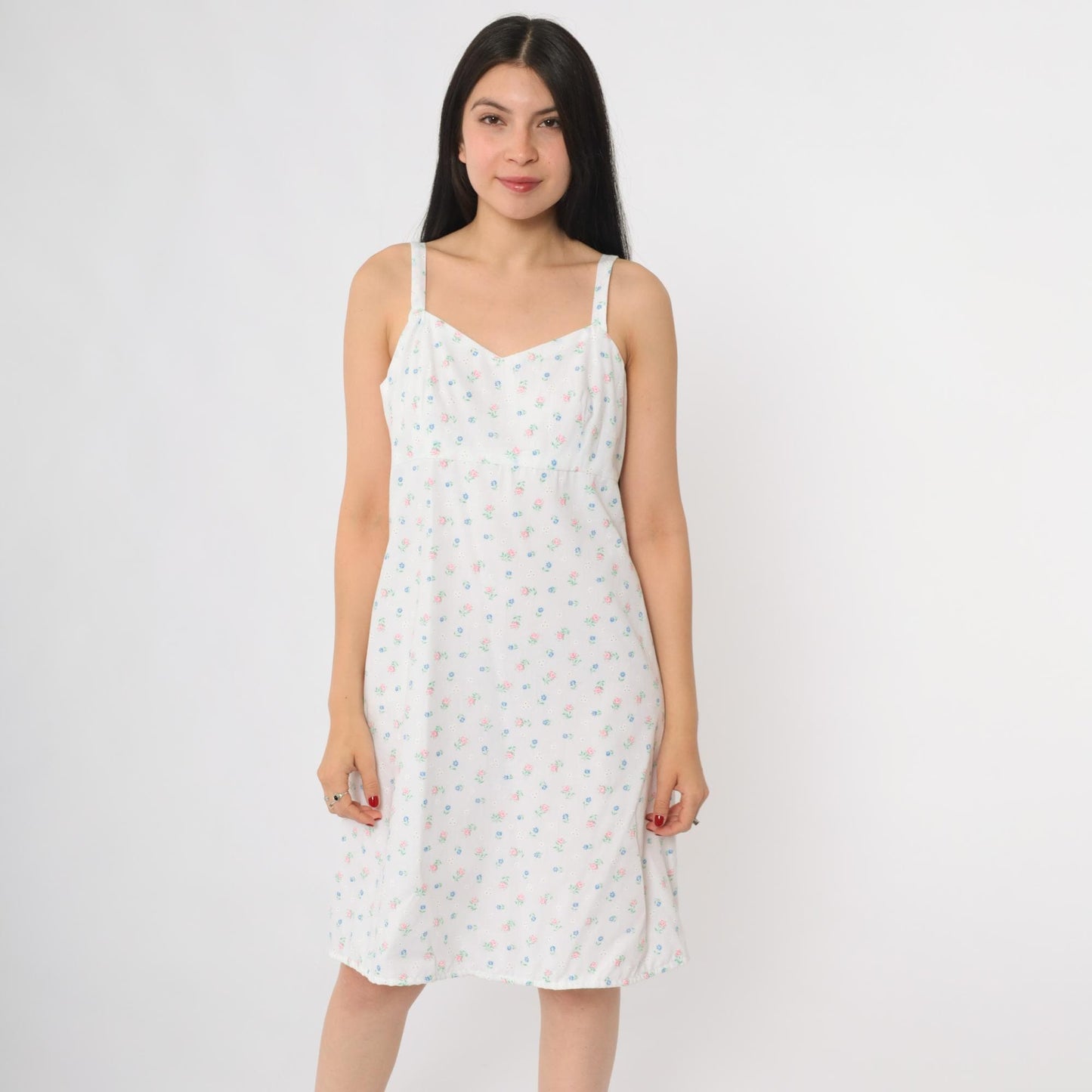 80s Floral Sundress White Pink Blue Cotton Sweetheart Neckline Small