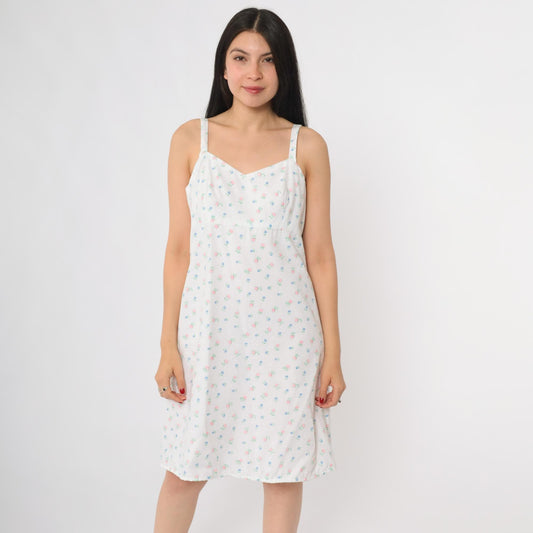 80s Floral Sundress White Pink Blue Cotton Sweetheart Neckline Small