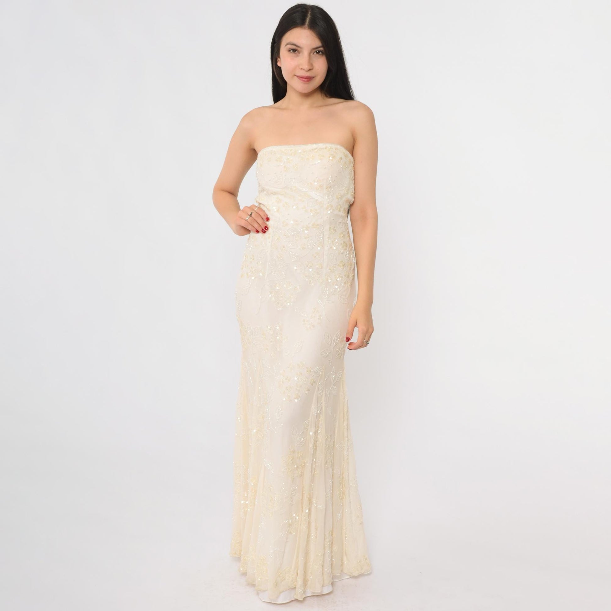 Y2K Cache Silk Strapless Maxi Gown Cream Beaded – Shopexile