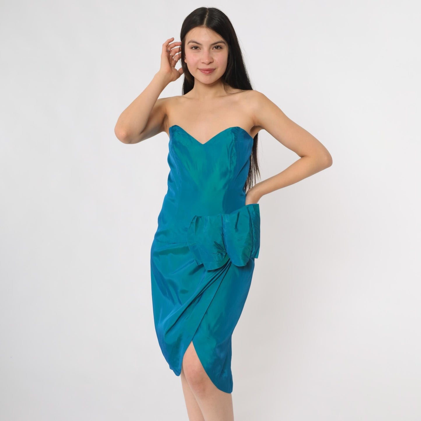 80s Niki Teal Strapless Sweetheart Bow Knee-Length Cocktail Dress Small