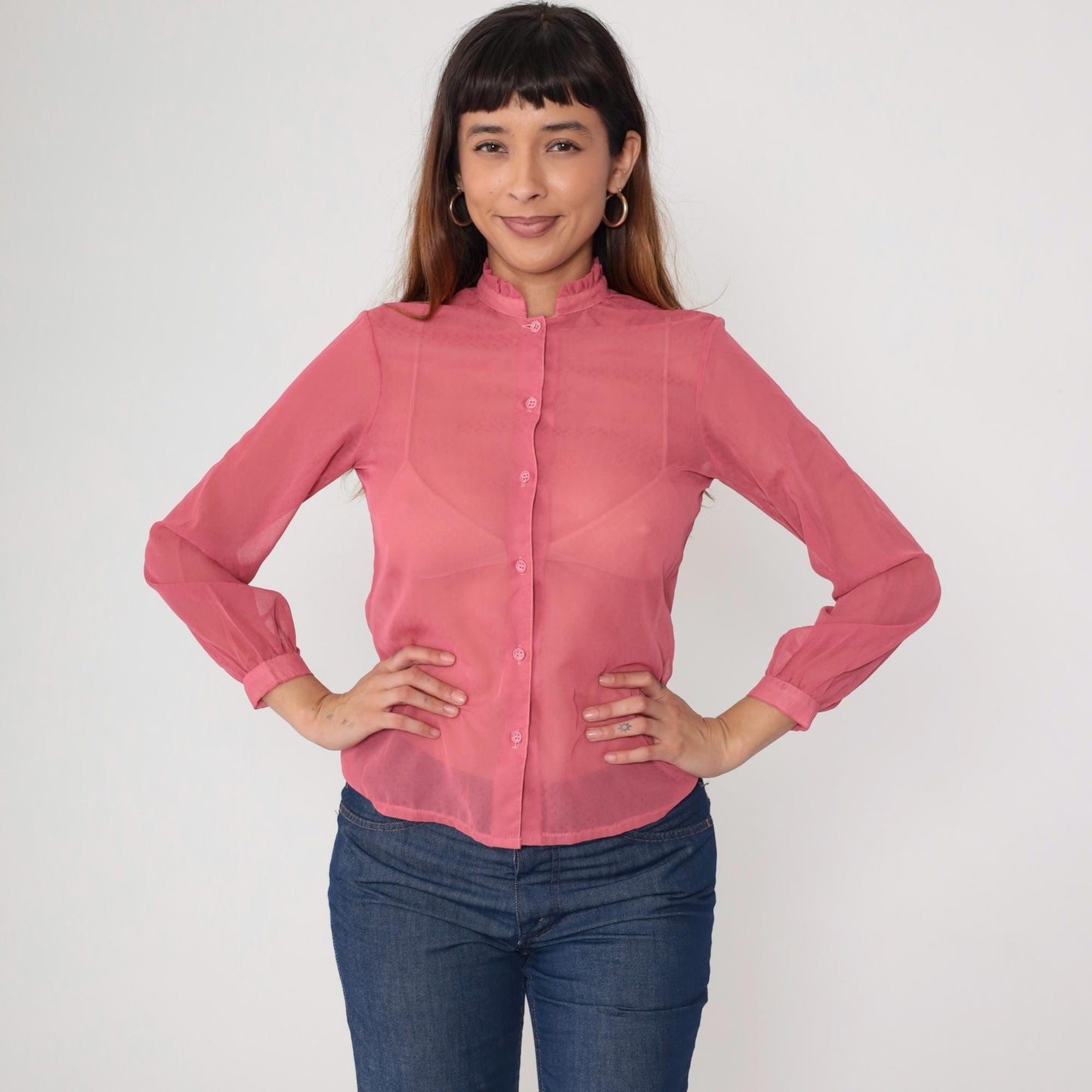 1970s Coral Pink Sheer Blouse Ruffle Collar Button Front Long Sleeve Small