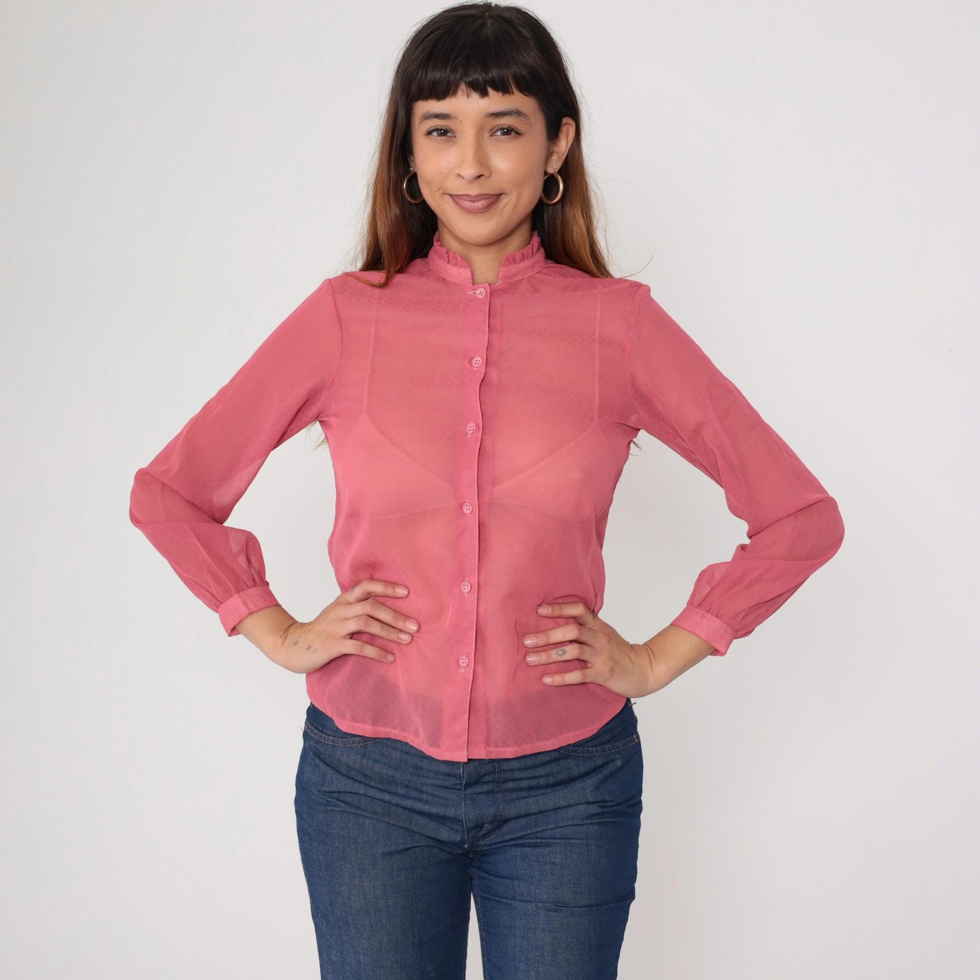 1970s Coral Pink Sheer Blouse Ruffle Collar Button Front Long Sleeve Small