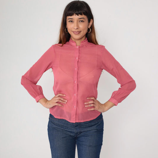 1970s Coral Pink Sheer Blouse Ruffle Collar Button Front Long Sleeve Small
