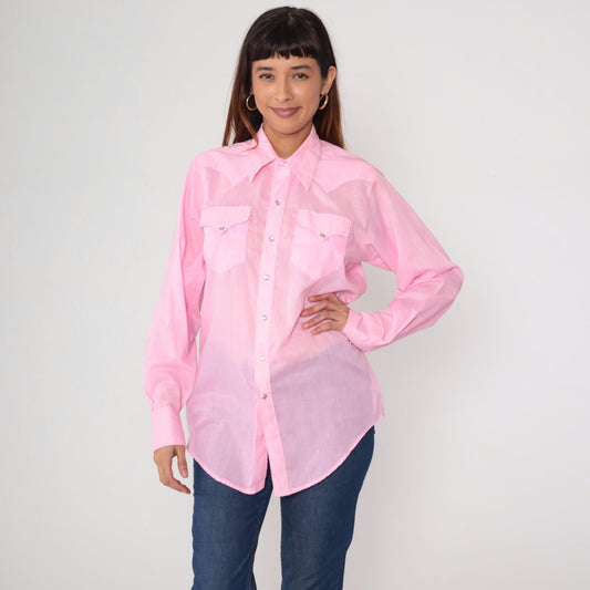 70s Rockmount Ranch Wear Pearl Snap Western Shirt Baby Pink Dagger Collar Medium