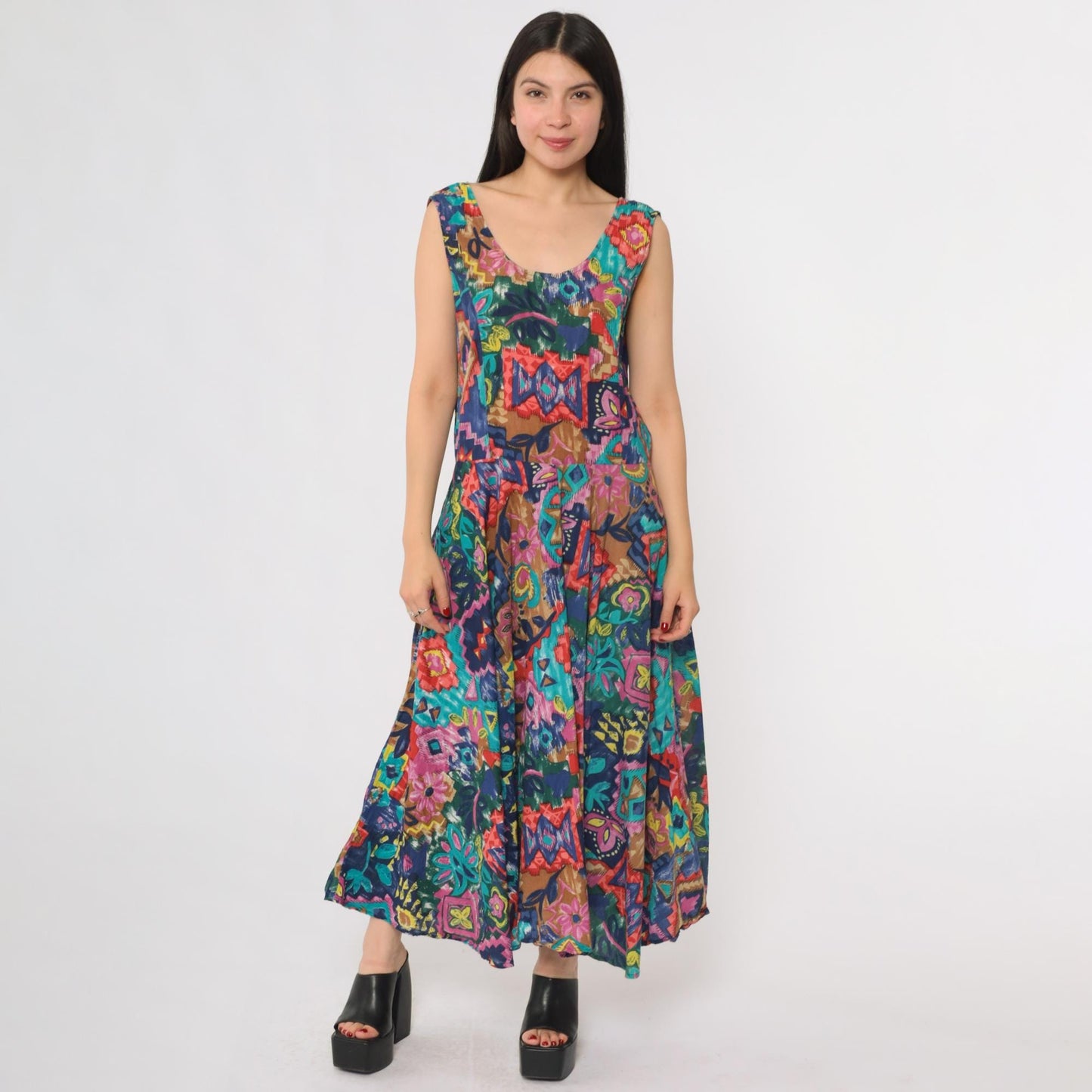 90s Phool Patchwork Maxi Dress Sleeveless Scoop Neck Abstract Print Cotton Medium M