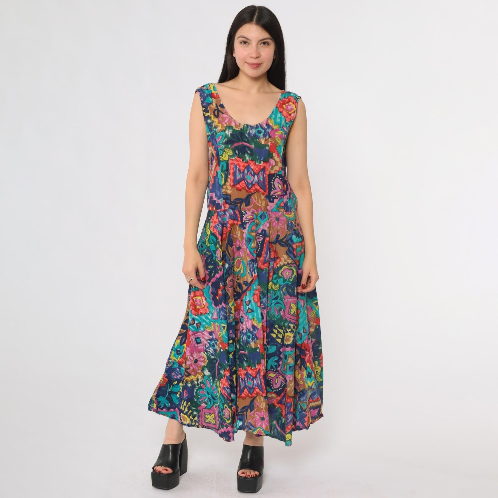 90s Phool Patchwork Maxi Dress Sleeveless Scoop Neck Abstract Print Cotton Medium M