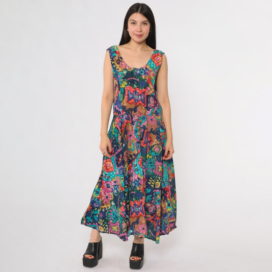 90s Phool Patchwork Maxi Dress Sleeveless Scoop Neck Abstract Print Cotton Medium M