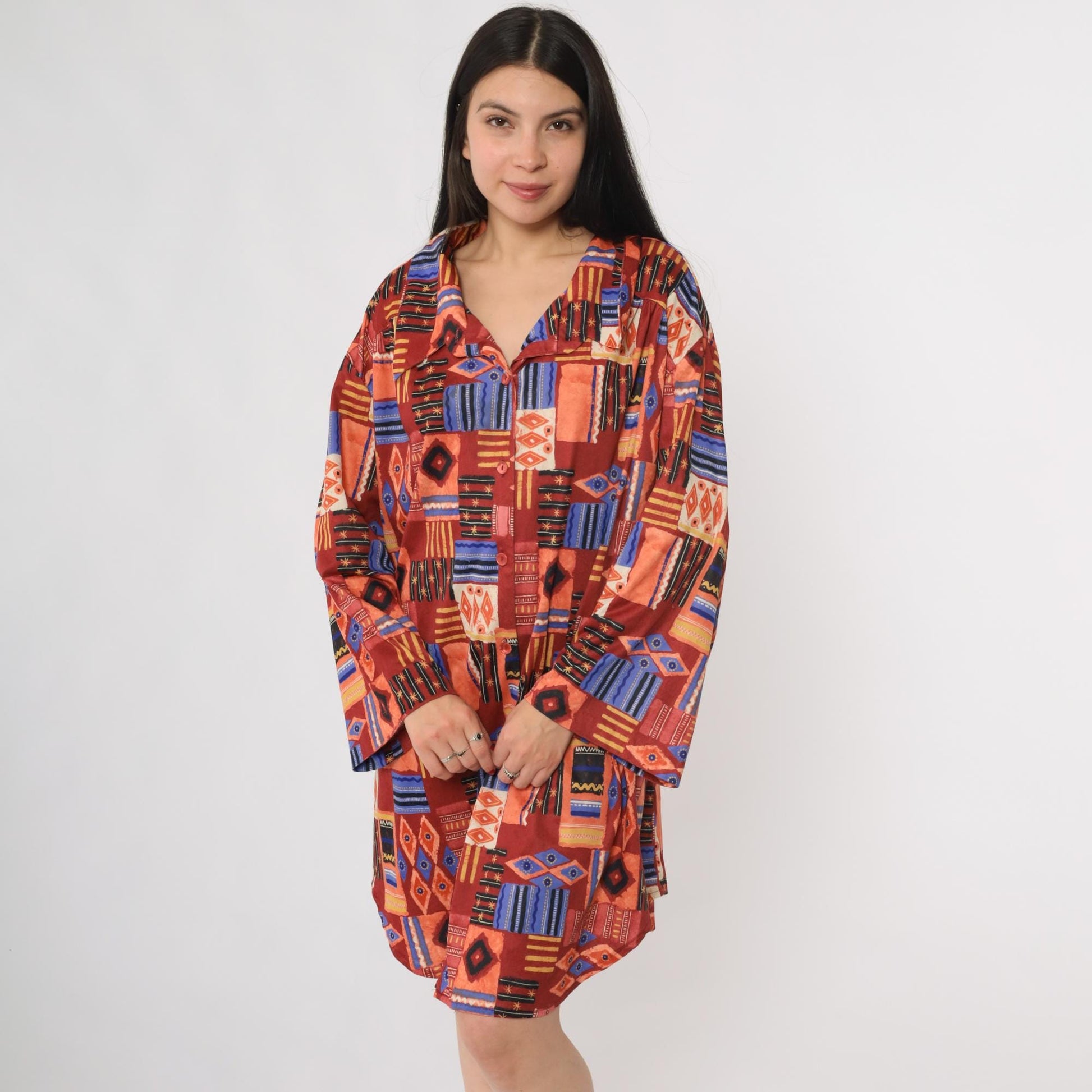 90s Sue Brett Tribal Print Mini Shirt Dress Button Front Long Sleeve Plus Size XXL