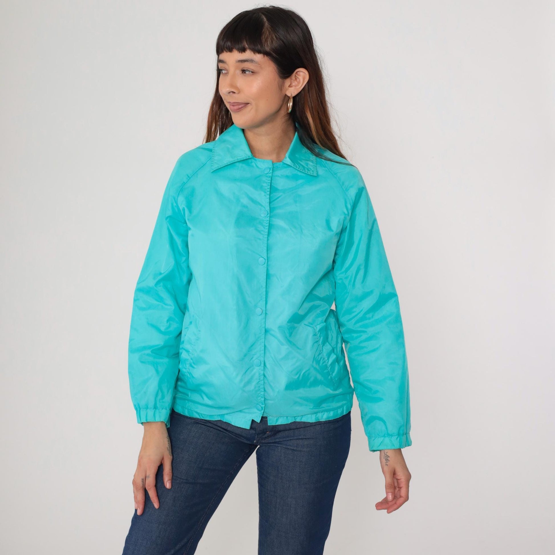 80s Teal Nylon Windbreaker Snap-Up Jacket Cotton Lined Small
