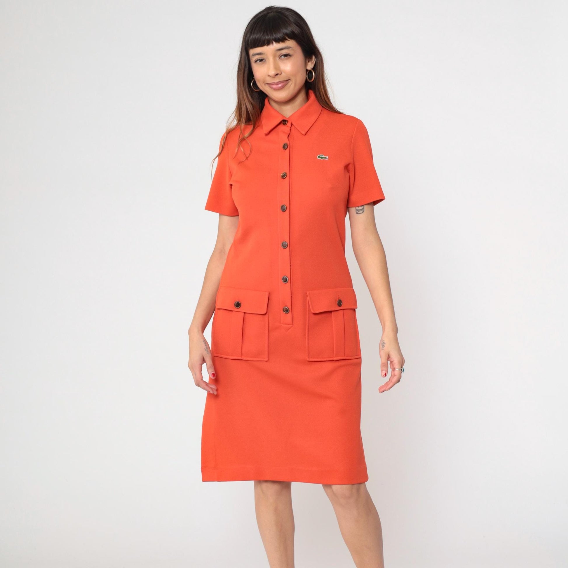 60s David Crystal Orange Polo Dress Pique Knit Button Front Medium