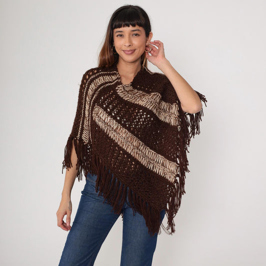 1970s Brown Crochet Poncho Fringe Geometric Stripe Knit Small Medium