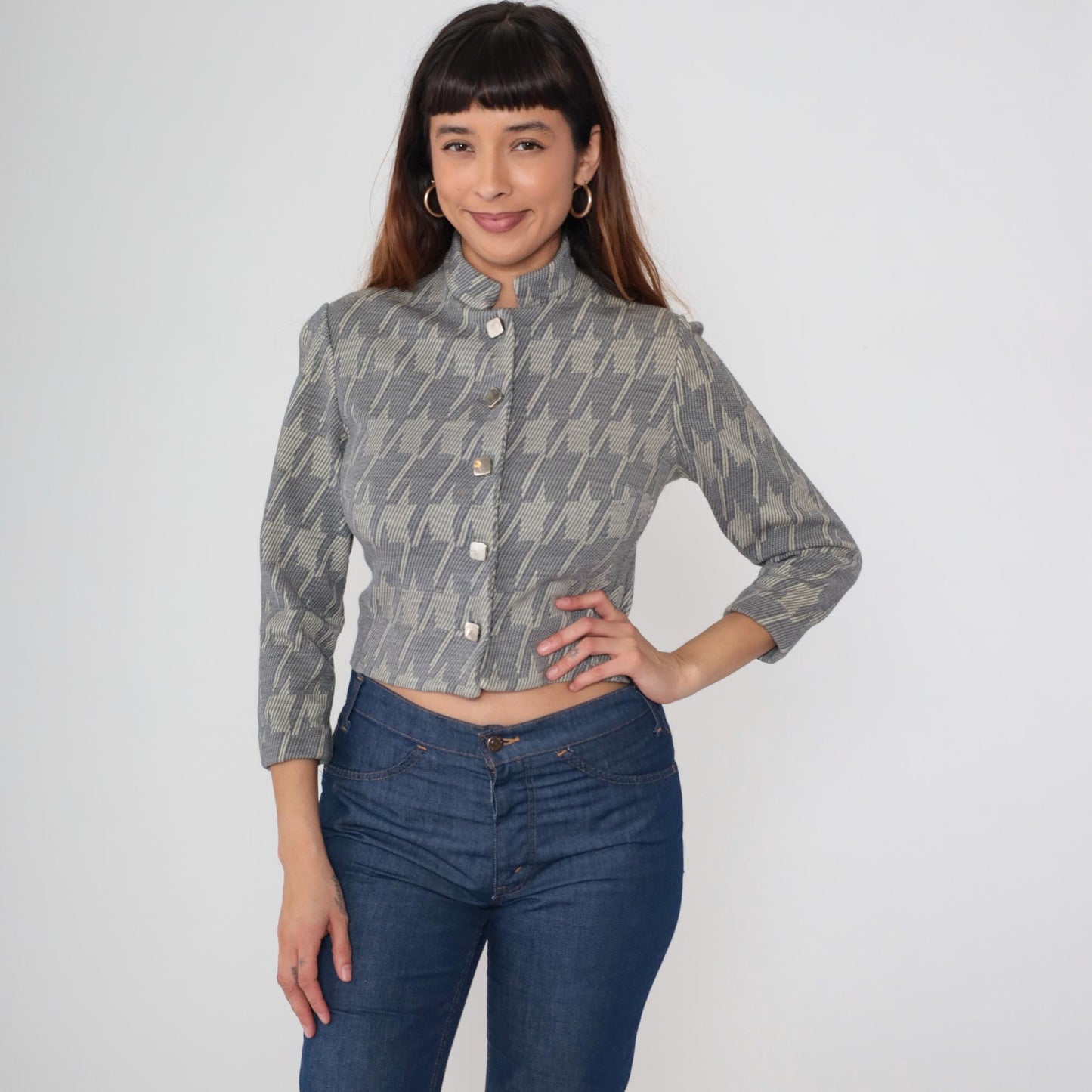 1960s Grey Houndstooth Cropped Jacket Button Front Stand Collar Small S