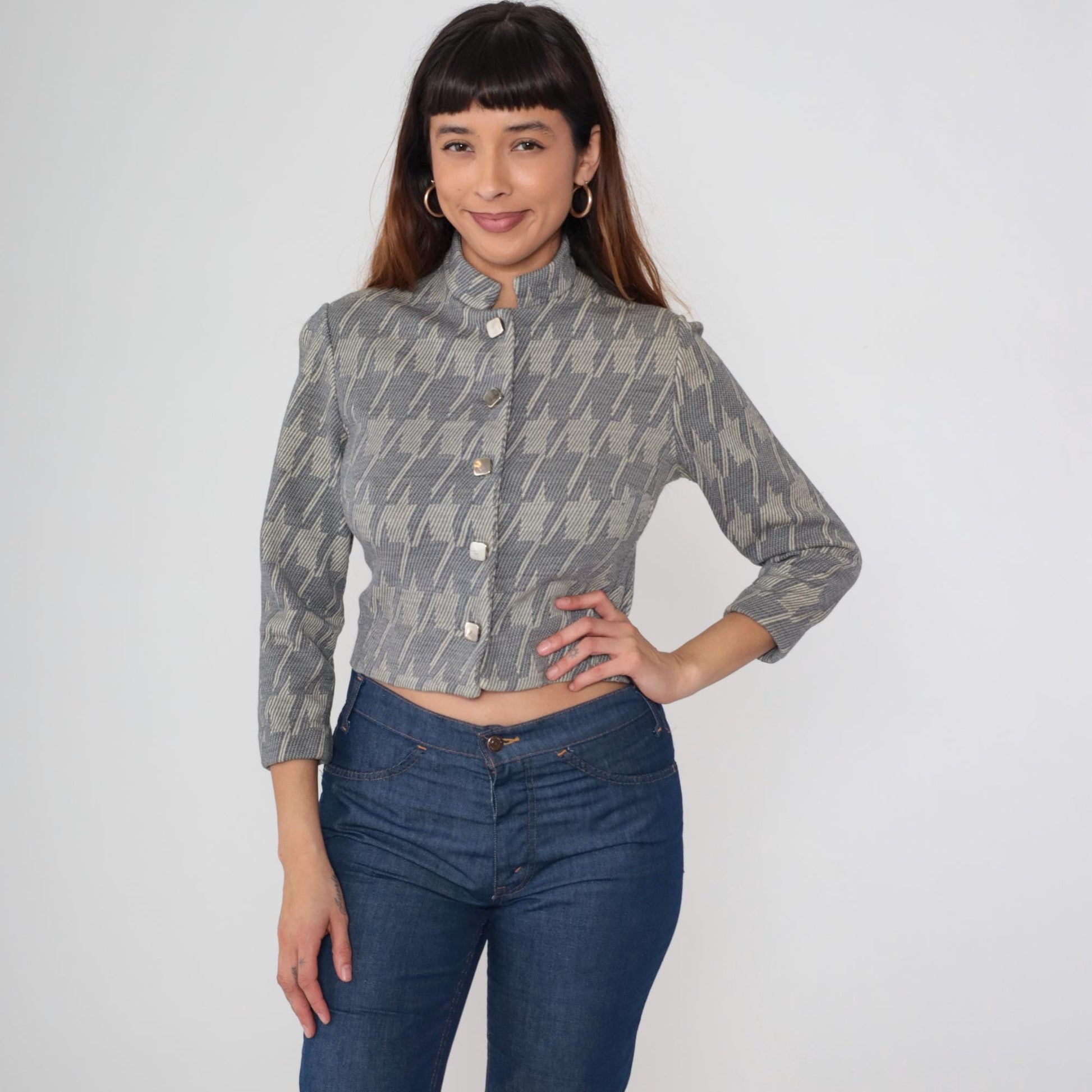 1960s Grey Houndstooth Cropped Jacket Button Front Stand Collar Small S
