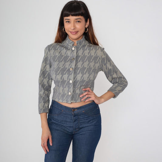 1960s Grey Houndstooth Cropped Jacket Button Front Stand Collar Small S