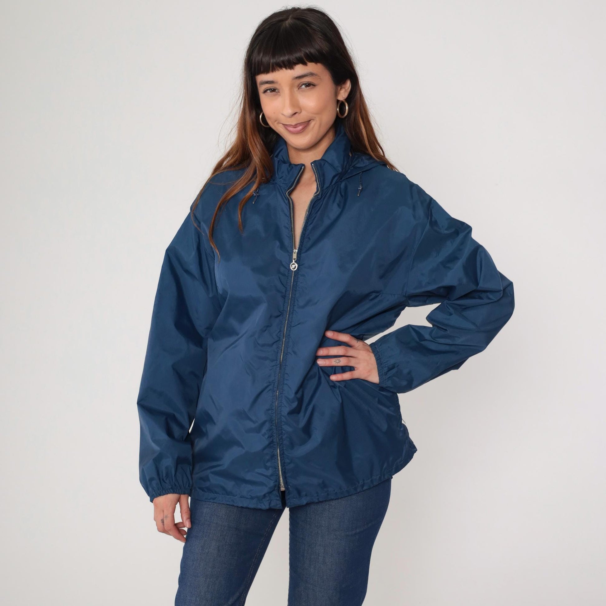 80s Obermeyer Navy Hooded Windbreaker Jacket Unisex Large