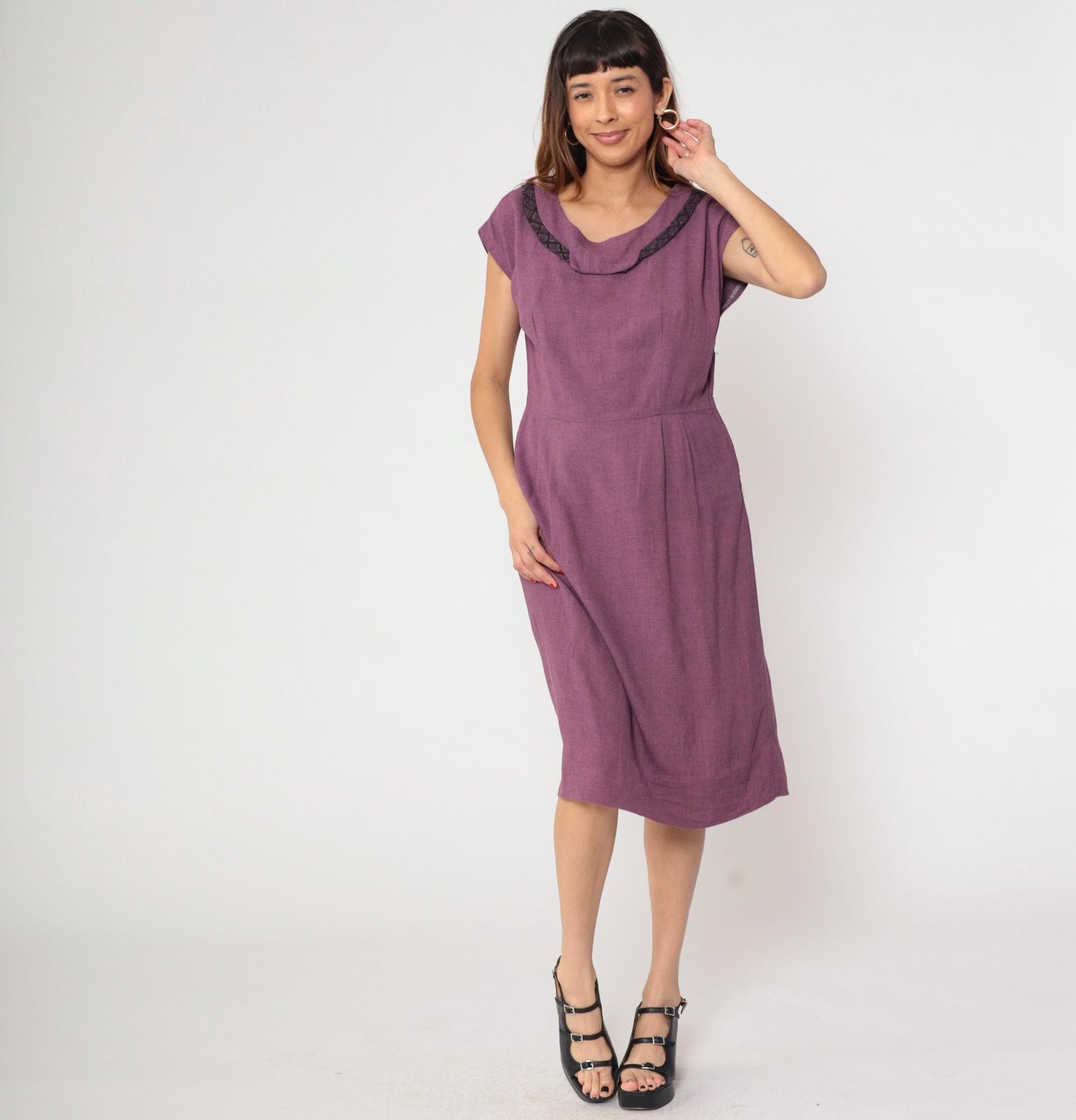 60s Gloria Swanson Purple Midi Dress Cowl Neckline Lattice Trim Large