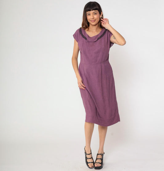 60s Gloria Swanson Purple Midi Dress Cowl Neckline Lattice Trim Large