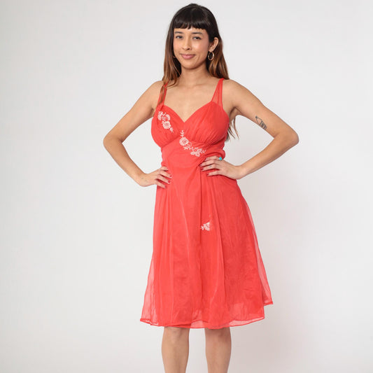 70s Red Nylon Lingerie Slip Dress Floral Embroidered Empire Waist Midi Medium