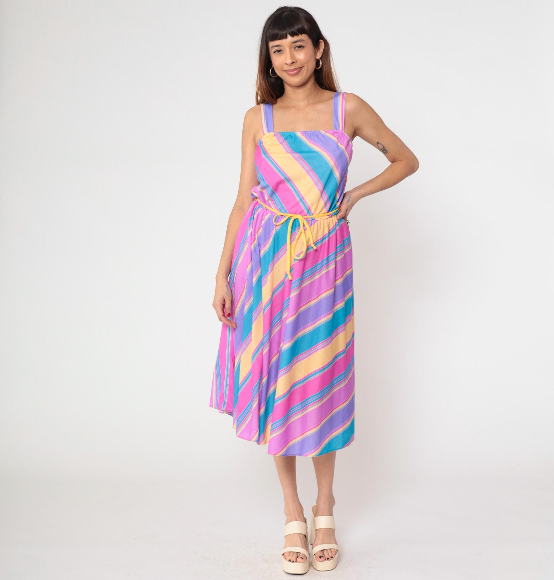 80s Pastel Rainbow Stripe Midi Sundress Square Neck Spaghetti Strap Small