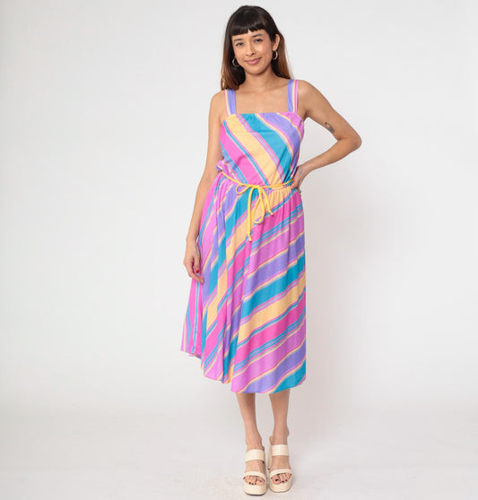 80s Pastel Rainbow Stripe Midi Sundress Square Neck Spaghetti Strap Small