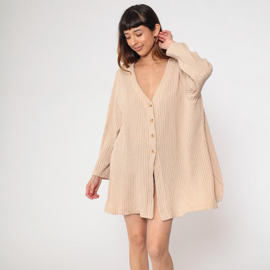 Y2K Kathryn Deene Ribbed Knit Cardigan Cream Button-Front V-Neck Medium