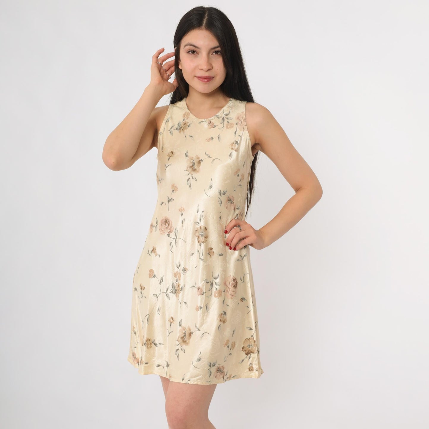 90s Breakin Loose Floral Mini Dress Cream Rose Print Sleeveless A-Line Small