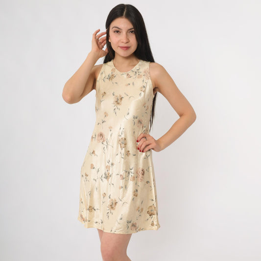 90s Breakin Loose Floral Mini Dress Cream Rose Print Sleeveless A-Line Small