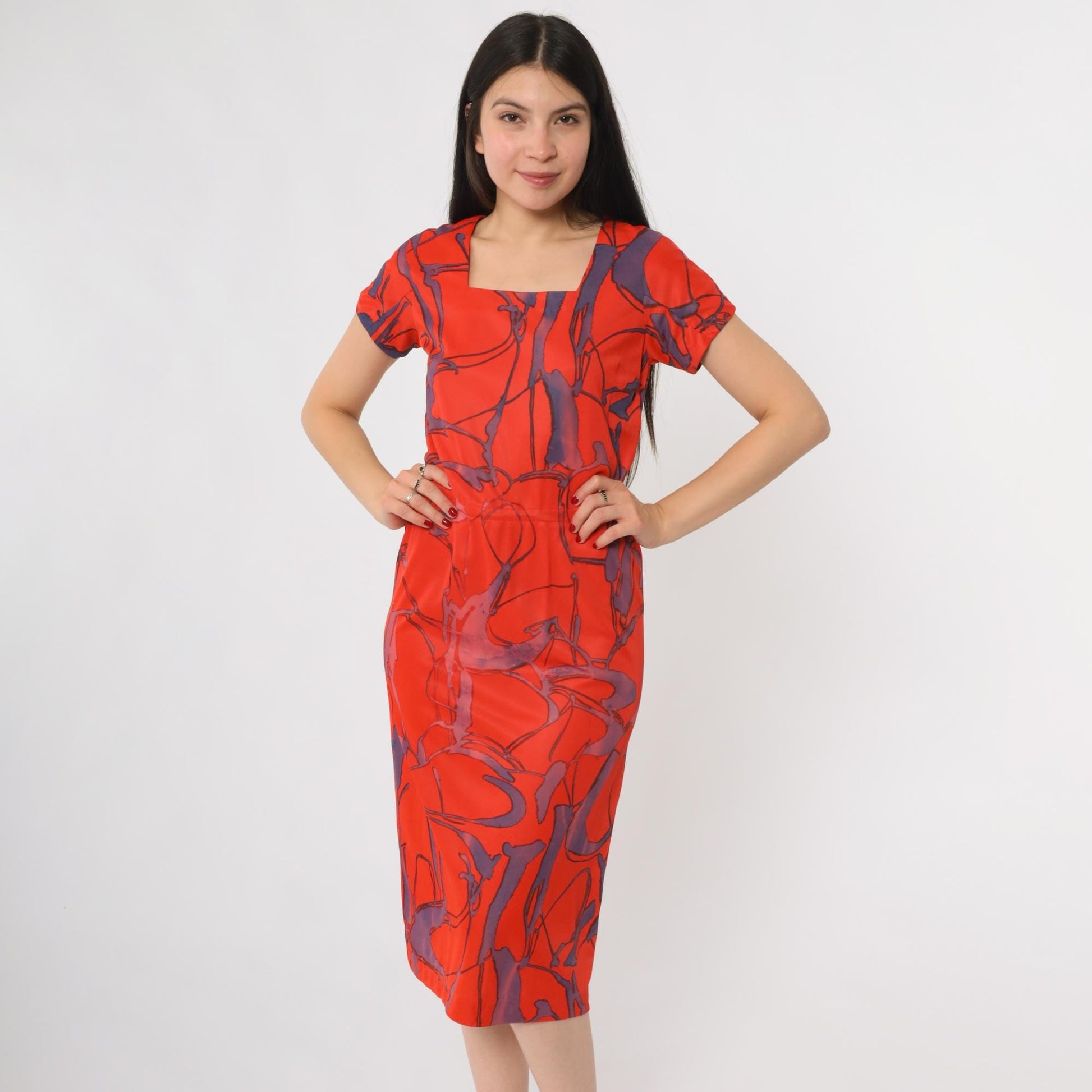 60s Abstract Geometric Dress Red Purple Square Neck A-Line Small