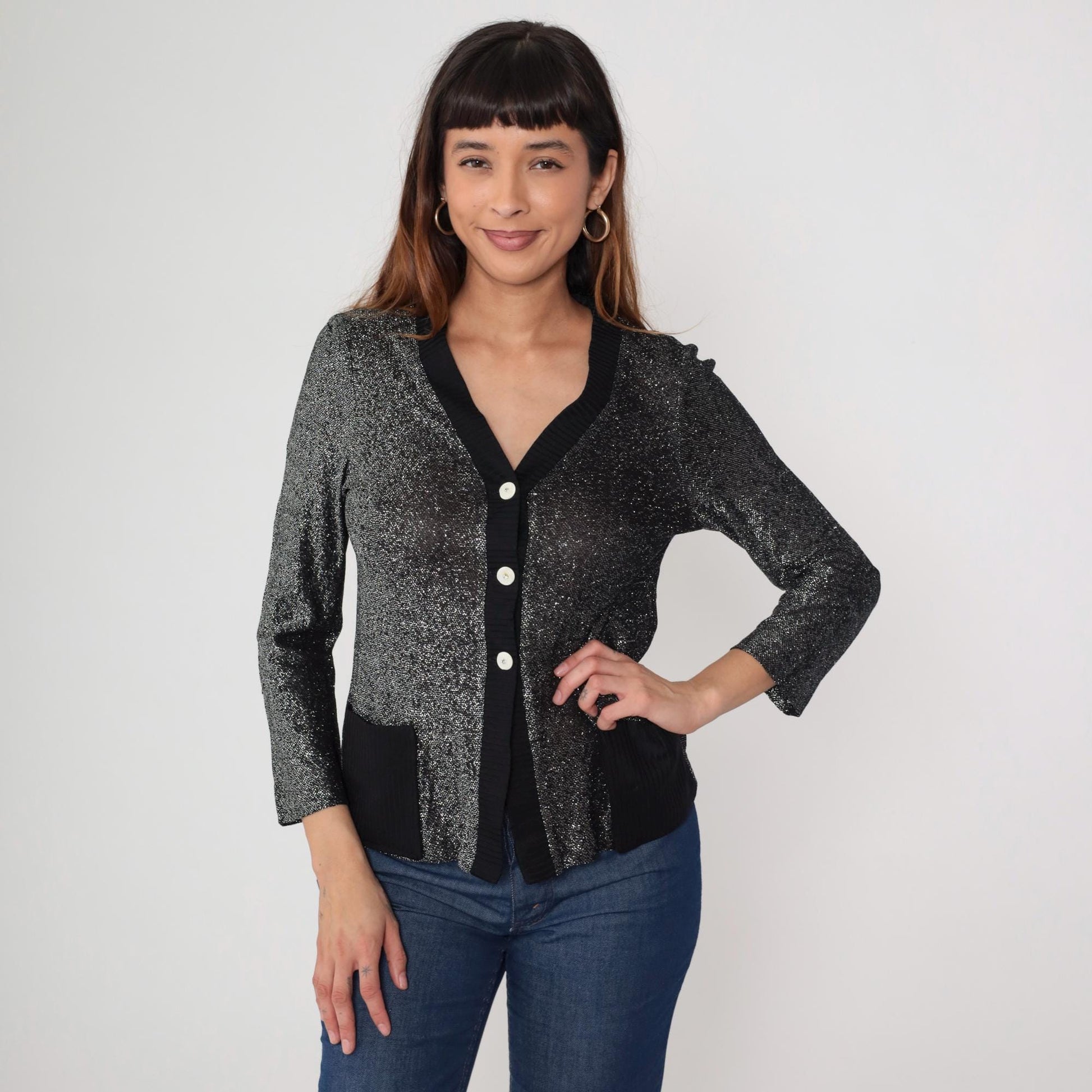70s Black Silver Lurex Cardigan Deep V Button Front Metallic Knit Medium