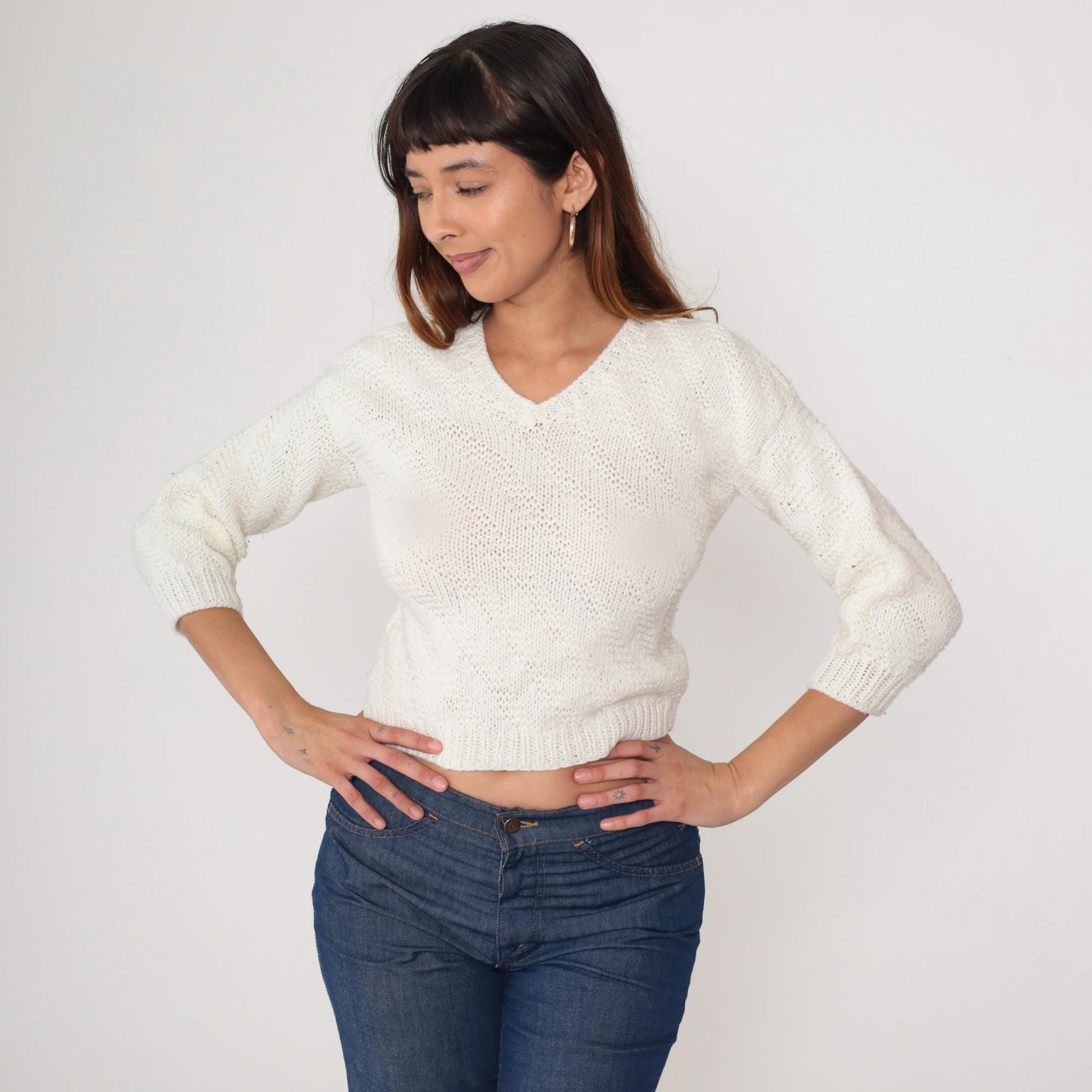 80s Cream V-Neck Cropped Sweater Three-Quarter Sleeve Knit Extra Small XS
