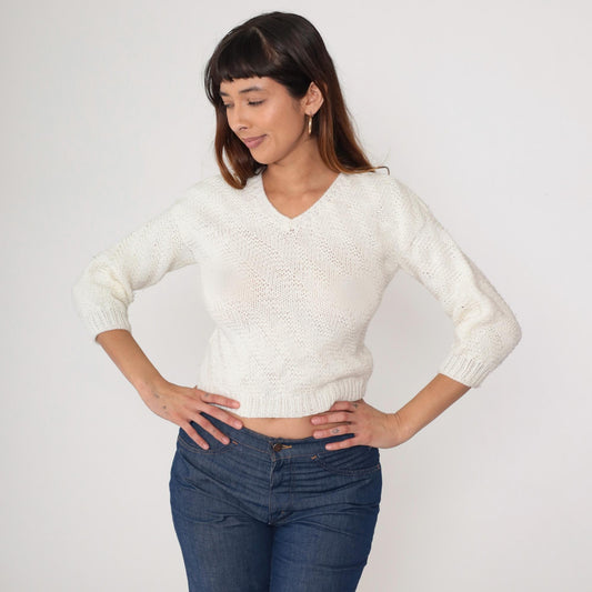 80s Cream V-Neck Cropped Sweater Three-Quarter Sleeve Knit Extra Small XS