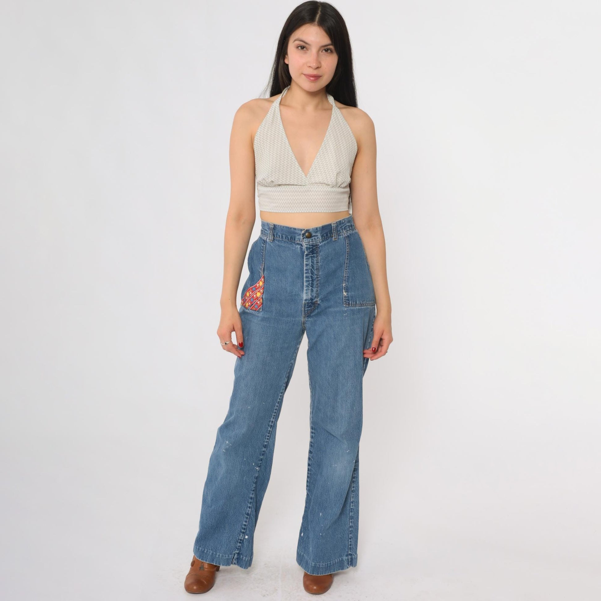 70s Rumble Seats Wilkins Patchwork Jeans High Waisted Wide Leg Medium Blue Medium