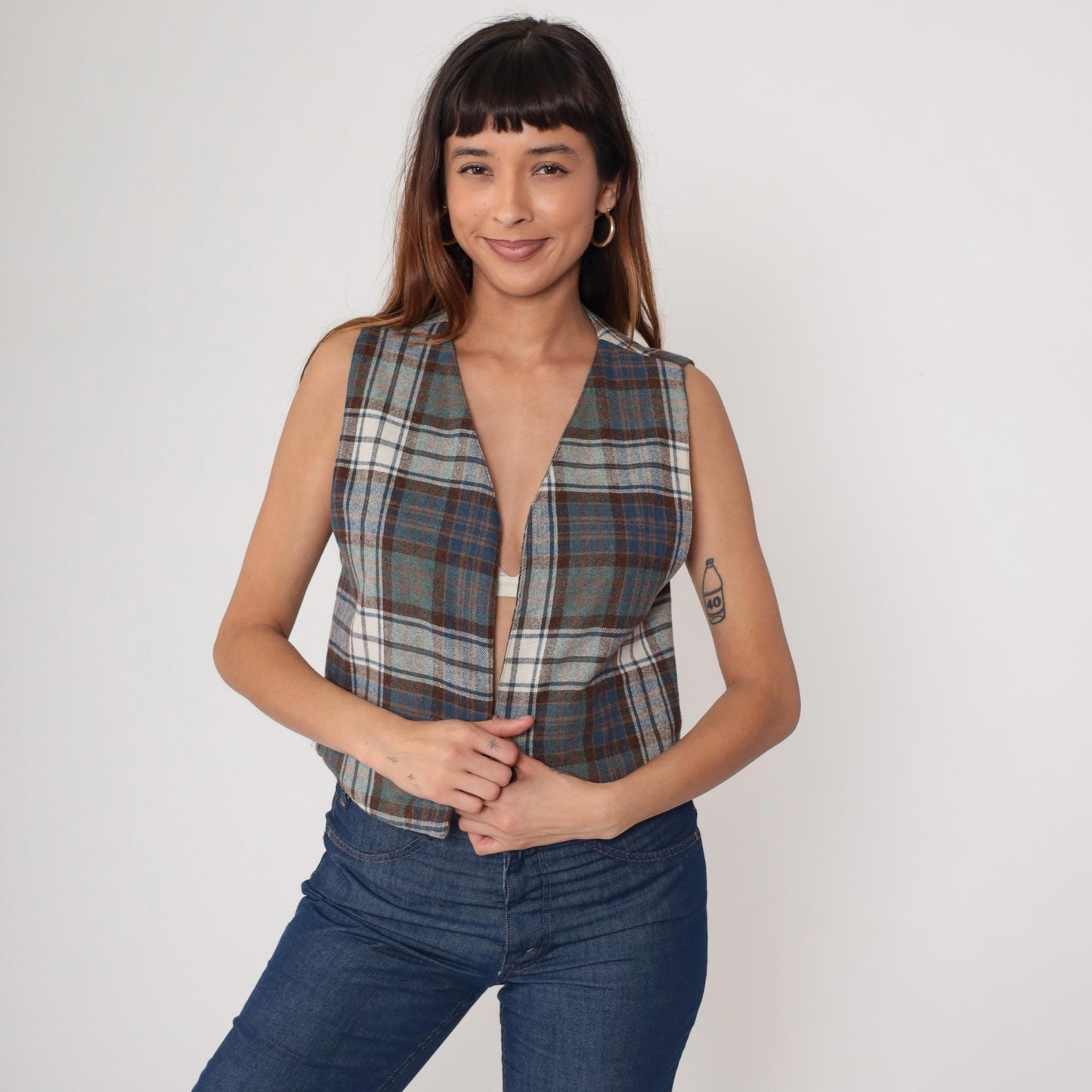 70s Plaid Reversible Vest Brown Blue Cream Tartan Waistcoat Medium