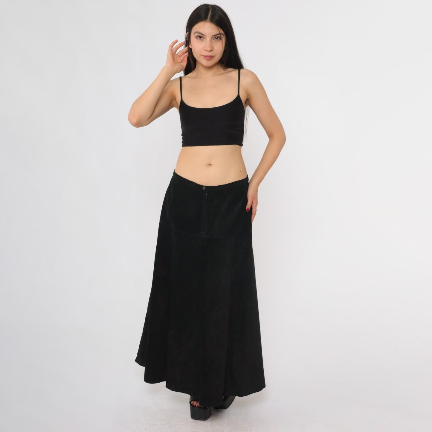 90s Marlynn Traditions Black Leather Maxi Skirt A-Line Large L