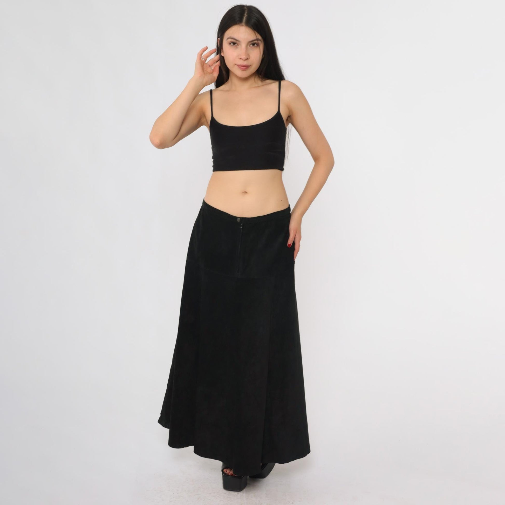90s Marlynn Traditions Black Leather Maxi Skirt A-Line Large L