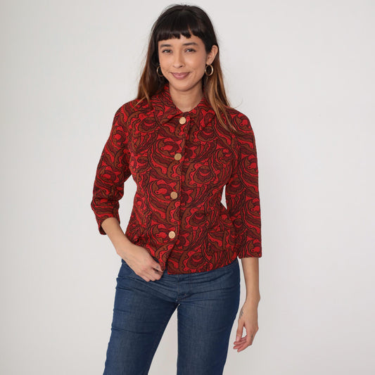 70s Lincoln Center Paisley Print Jacket Red Brown Button Front Medium