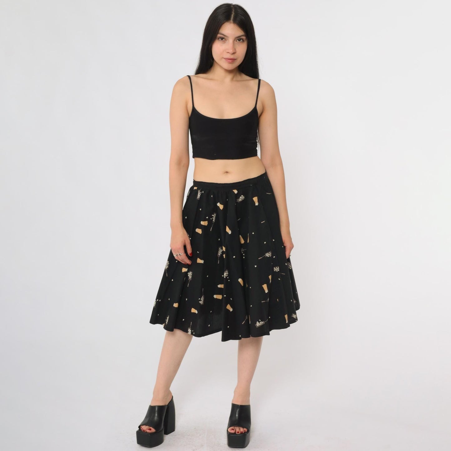 60s Popcorn Print A-Line Skirt Black Novelty Knee Length High Waist Medium