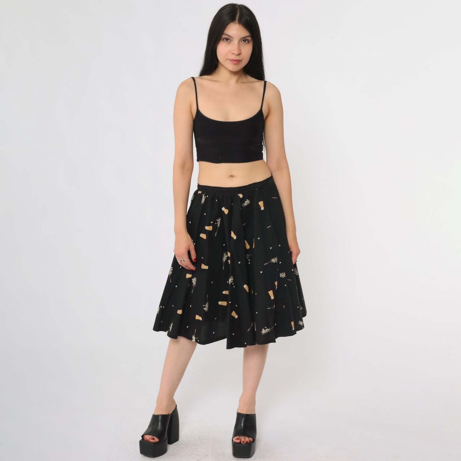 60s Popcorn Print A-Line Skirt Black Novelty Knee Length High Waist Medium