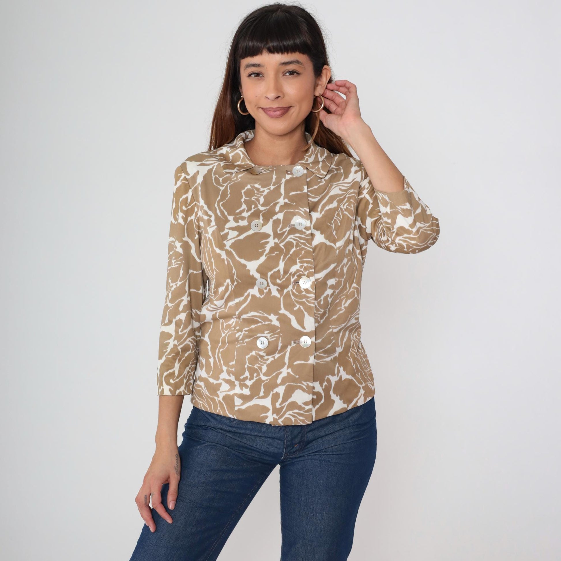 60s Mod Jacket Beige White Abstract Floral Double Breasted Cropped Large L